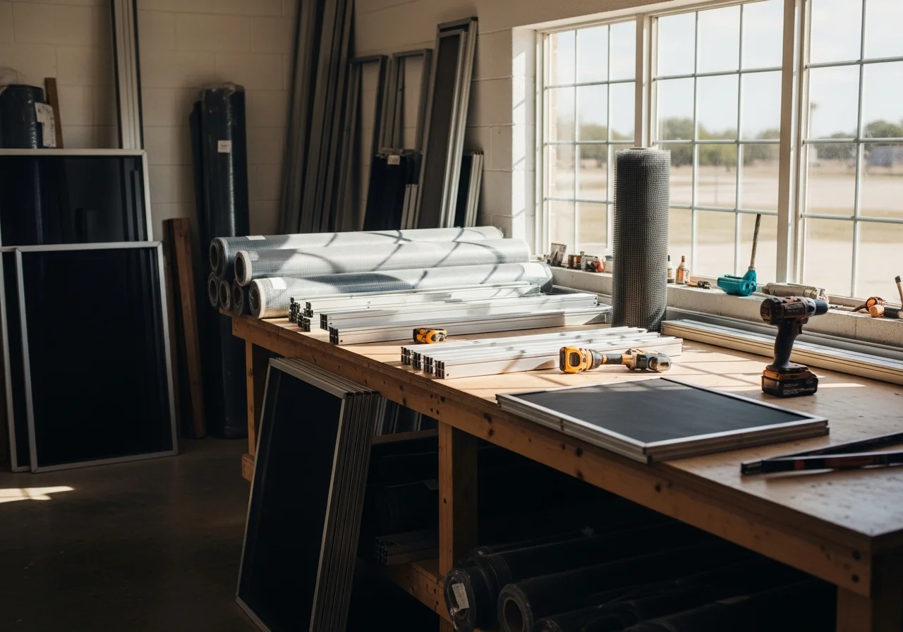 Solar screen installation equipment and materials displayed in a workshop setting, showcasing the tools and custom screening products used for window and exterior shade installations.