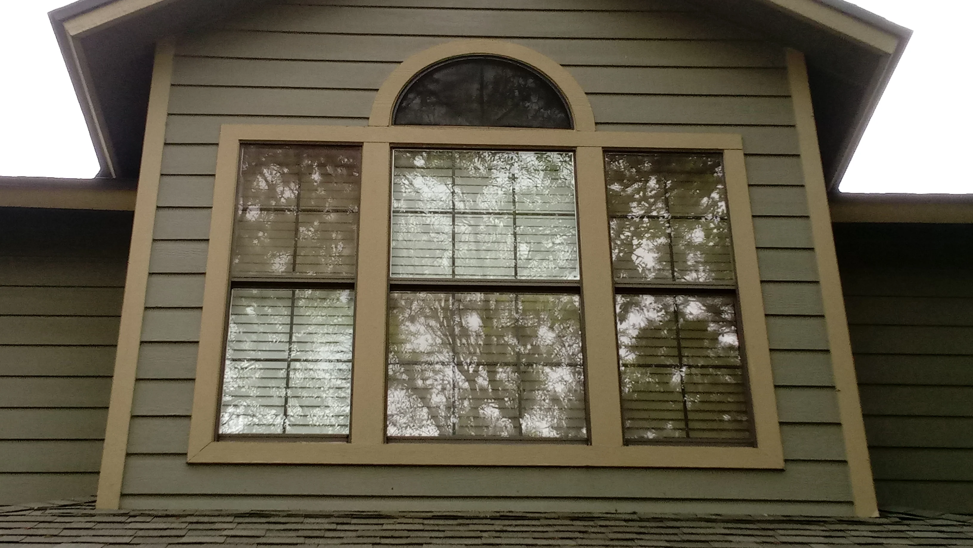 Three multi-pane windows with arched transom, tan frames, horizontal siding, and interior blinds