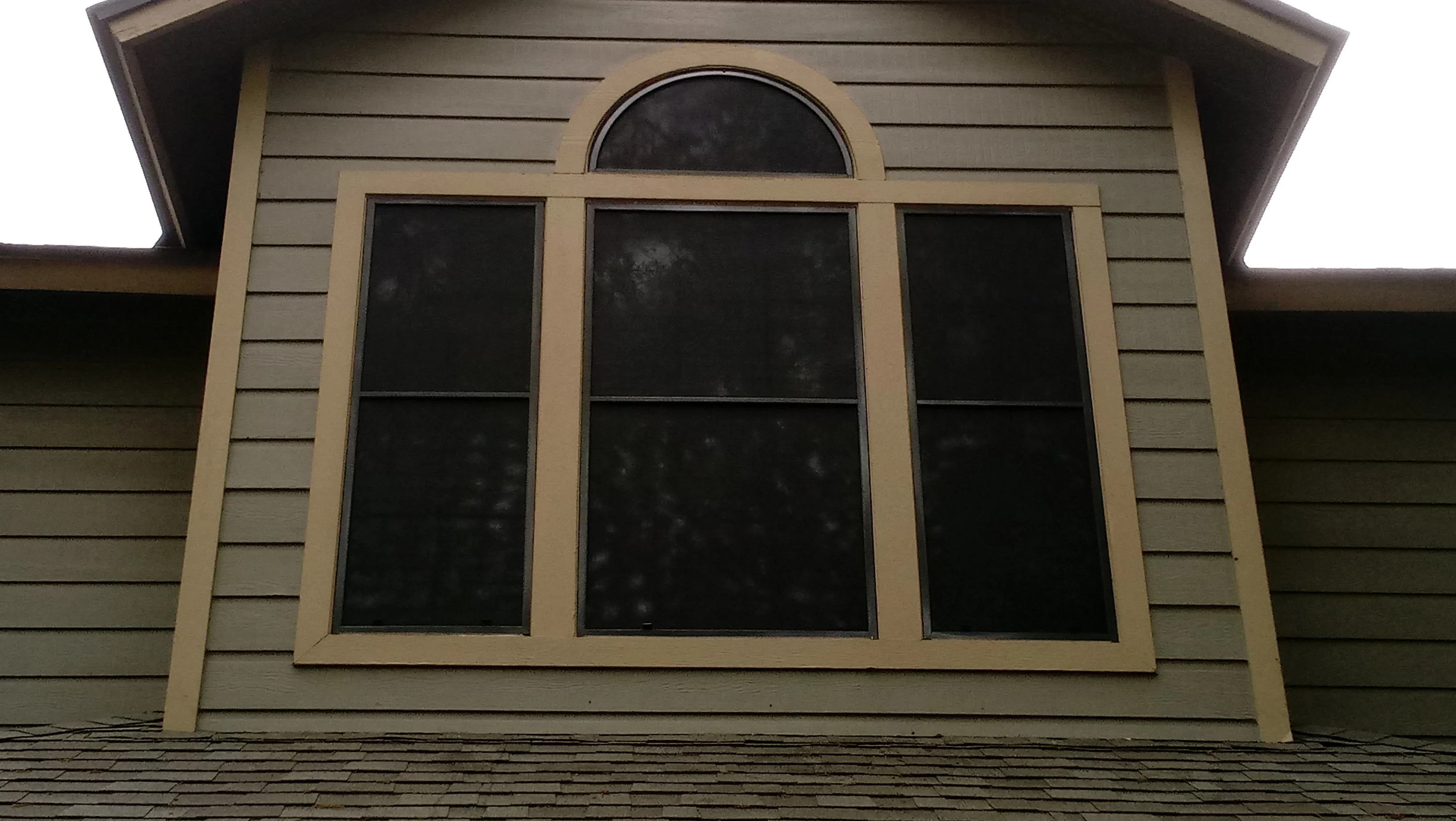 Three double-hung windows with tan frames and transom window installed on horizontal siding