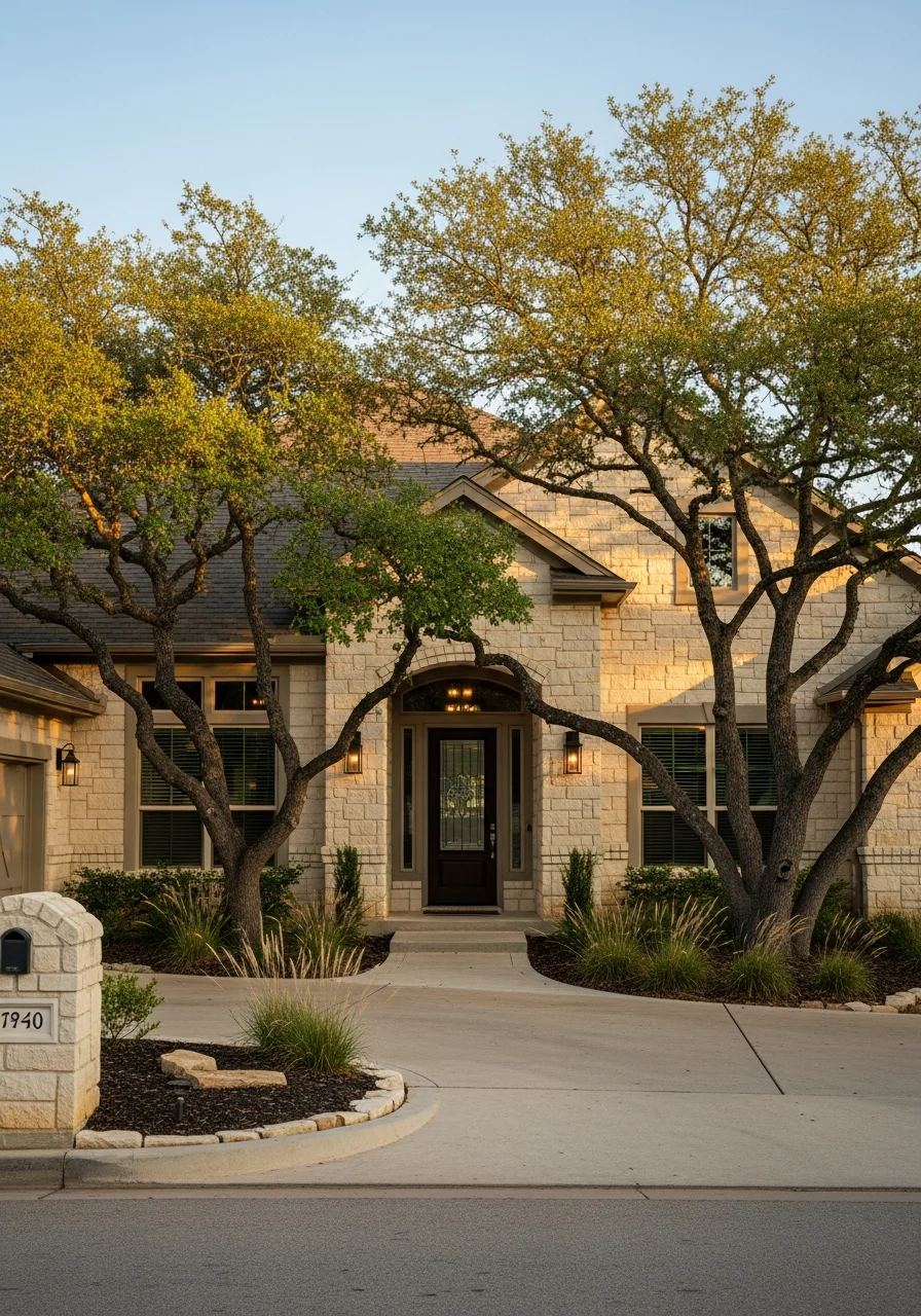 Close-up of a Live Oak home's front entrance with professional landscaping and clear driveway access.