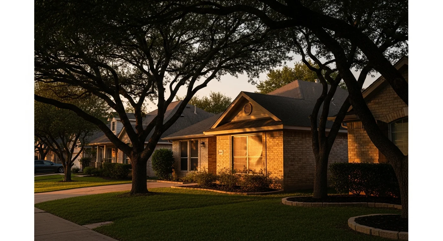 Residential street in Live Oak, TX with well-maintained homes and mature trees lining the road.