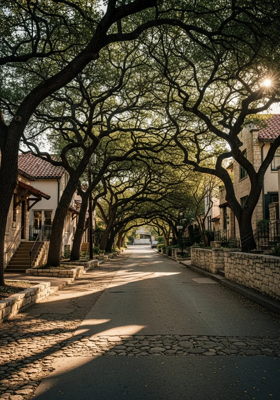 Typical San Antonio residential neighborhood with mixed architectural styles and mature oak trees.