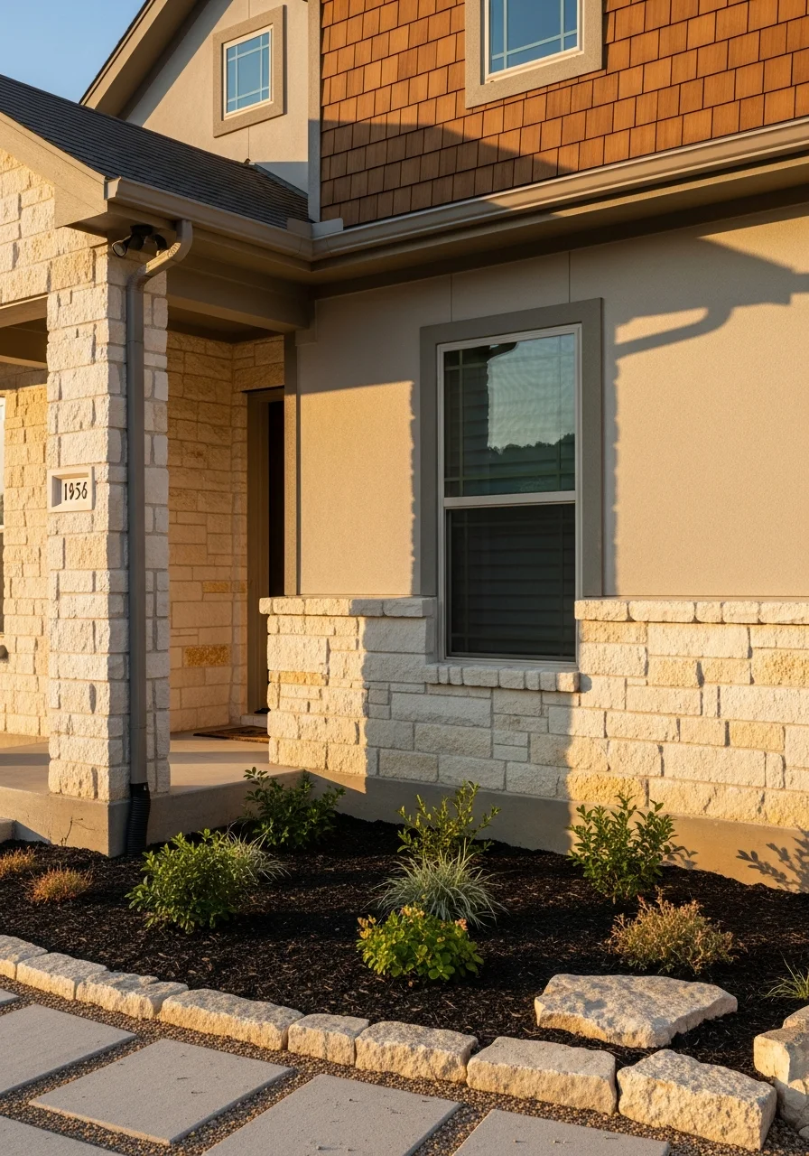 San Marcos home with typical Texas Hill Country features and well-maintained front yard landscaping.