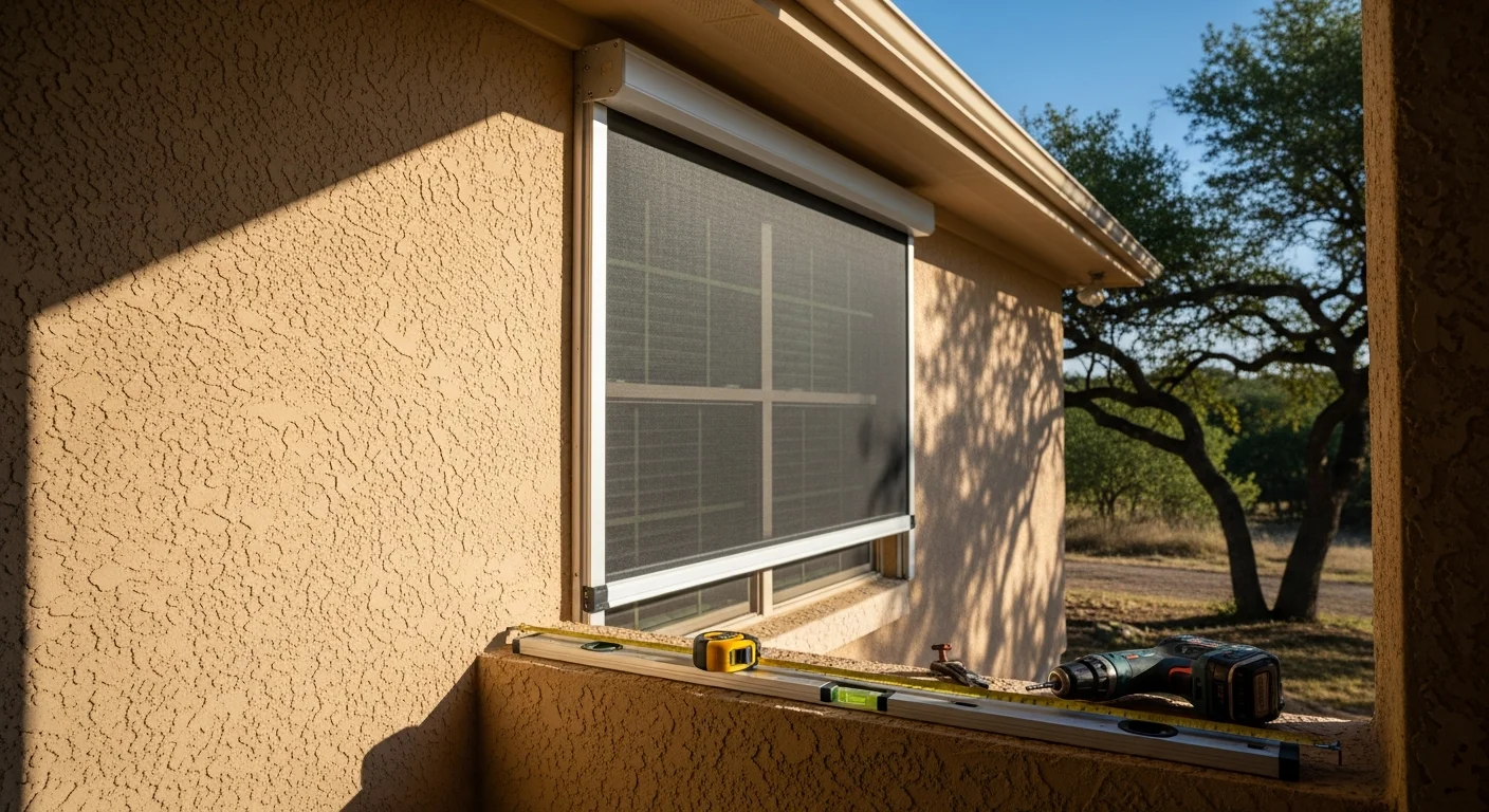 Exterior roll-away sun blocking screen installed on a residential window in Live Oak, TX, with the solar mesh fabric fully deployed to shade the glass from direct afternoon sun. The aluminum housing and side tracks are mounted flush to the exterior window frame of a single-story home.
