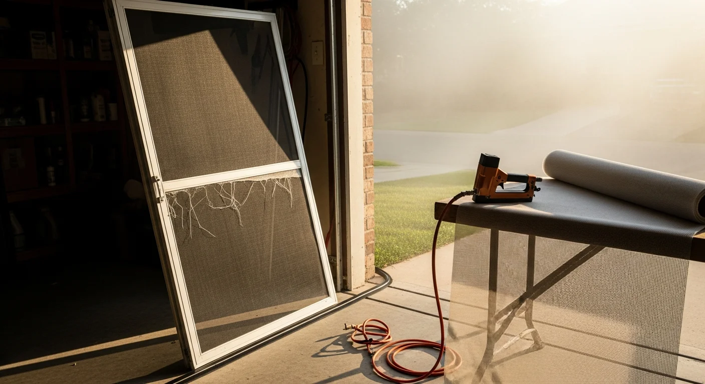 A repaired garage screen door on a residential home in Live Oak, TX, with the mesh taut and the frame properly aligned in the track. The screen door is shown fully closed across the garage opening, blocking insects while allowing airflow.