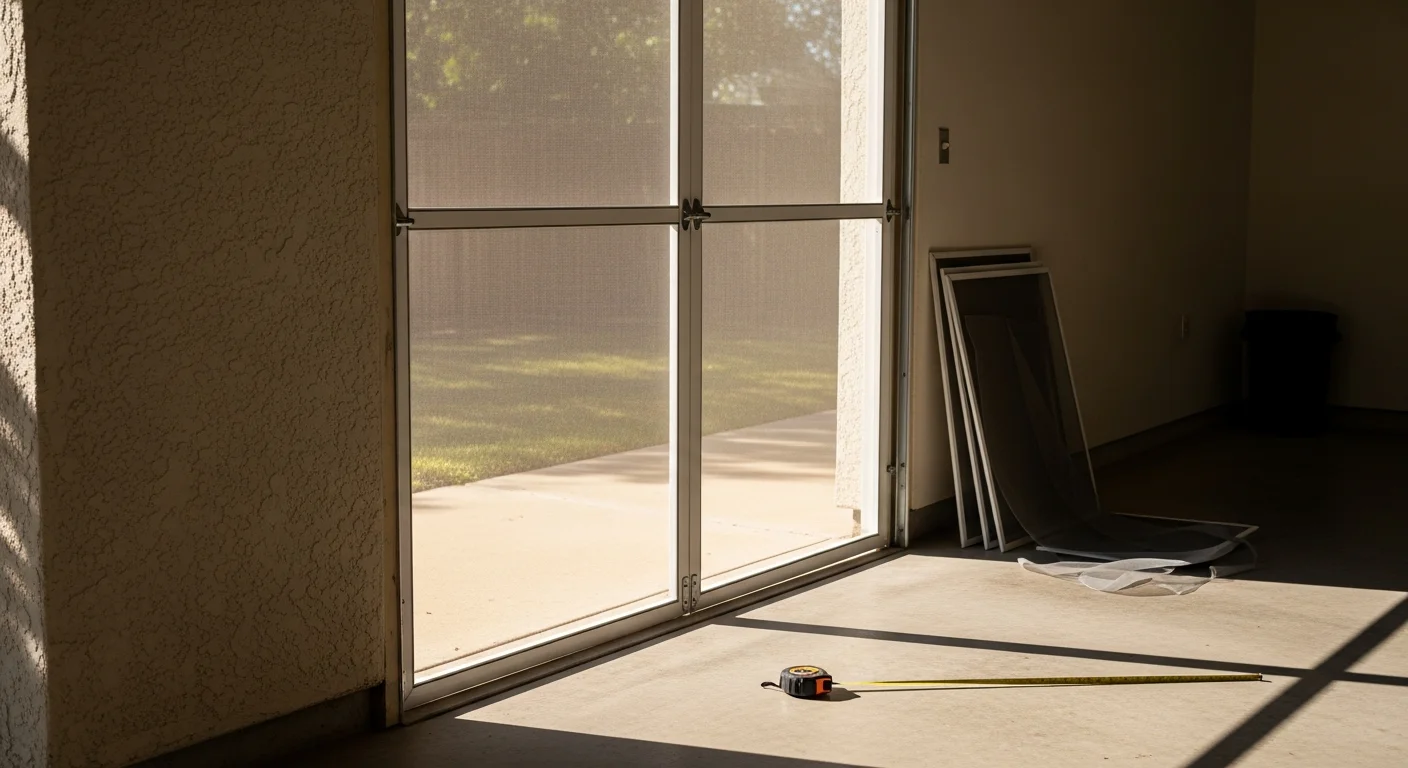 A replaced garage screen door installed on a residential home in Live Oak, TX, showing a clean mesh panel fitted across the full garage opening with the main garage door raised behind it. The screen allows visible airflow while blocking insects, with a typical South Texas suburban home exterior in the background.
