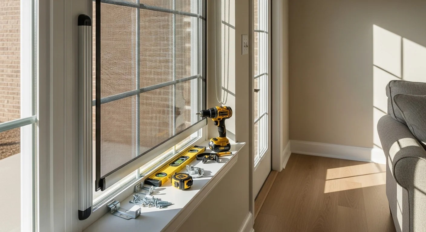 Interior roll-away sun blocking screen installed inside a residential window frame in a Live Oak, TX home, with the screen deployed to block afternoon sunlight across a bright living room. The screen housing sits flush at the top of the window opening, and the mesh fabric is fully extended to the sill.