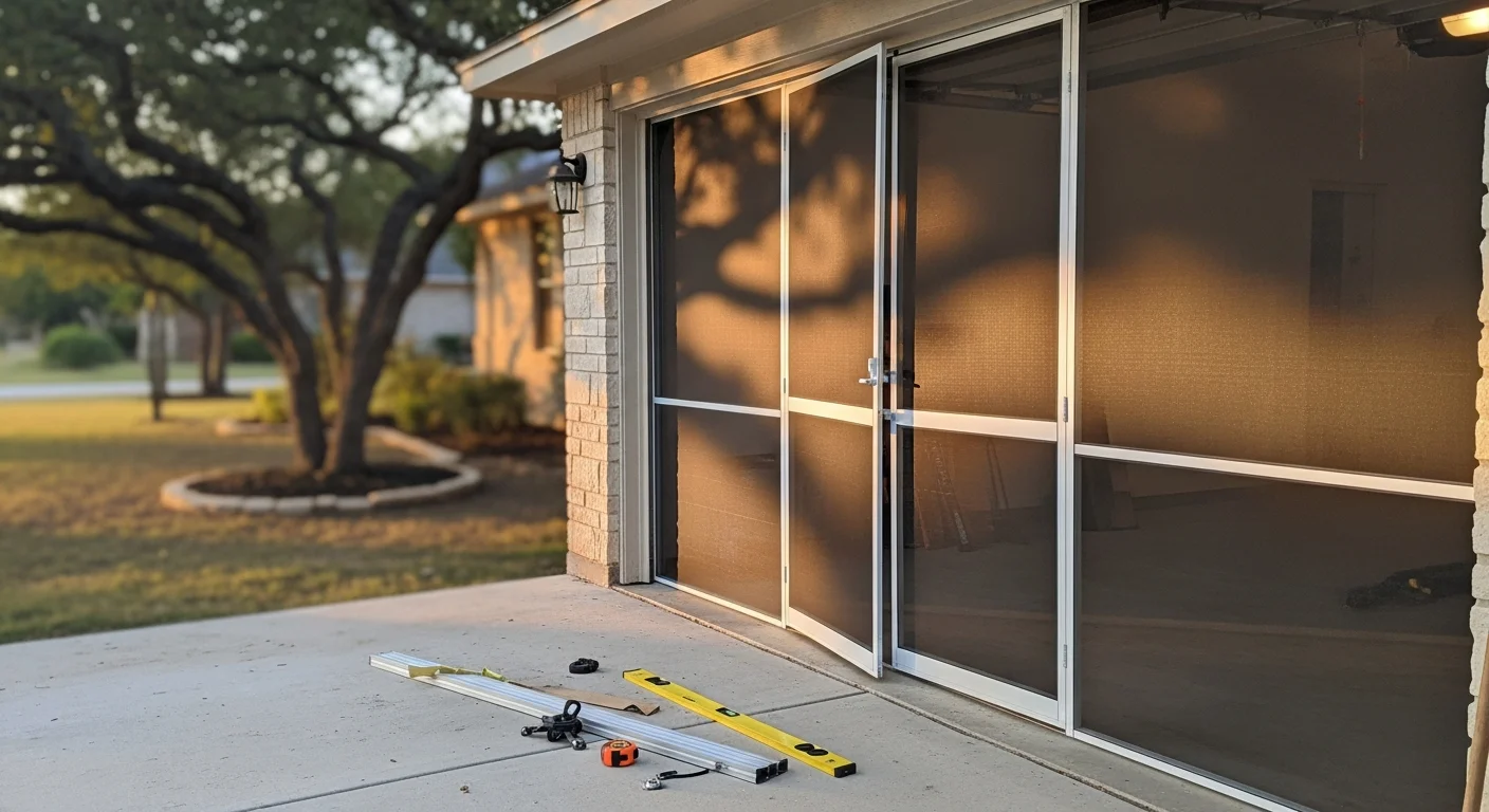 A lifestyle garage screen door installed on a residential garage in Live Oak, TX, with the mesh panel fully deployed across the opening and the center passage door visible. The screen allows natural light and airflow into the garage while keeping the interior visible from outside.