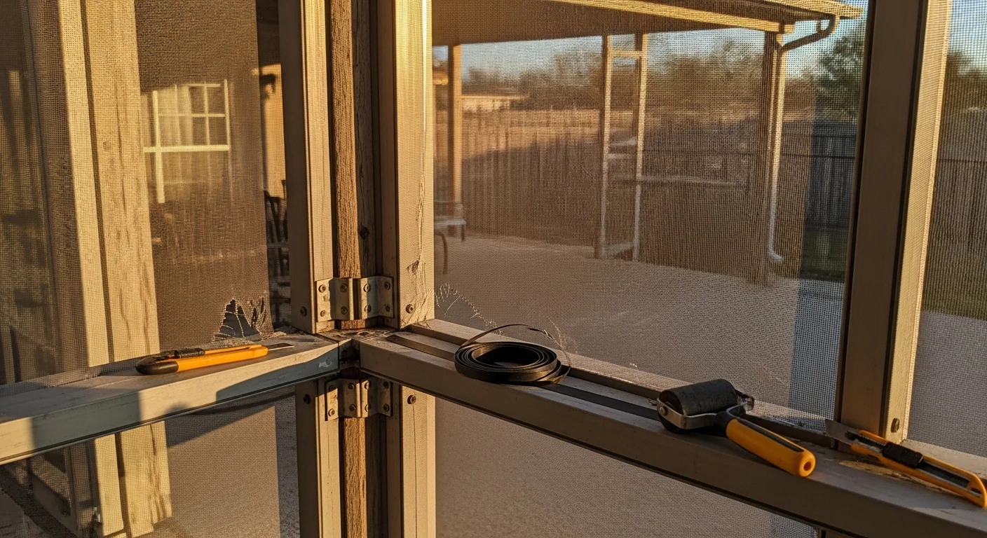 A repaired patio screen enclosure on a Live Oak, TX residential backyard patio, showing taut screen mesh in a clean aluminum frame with a closed screen door. The enclosure is attached to the back of a single-story home under a covered roof, with a concrete patio surface visible inside.