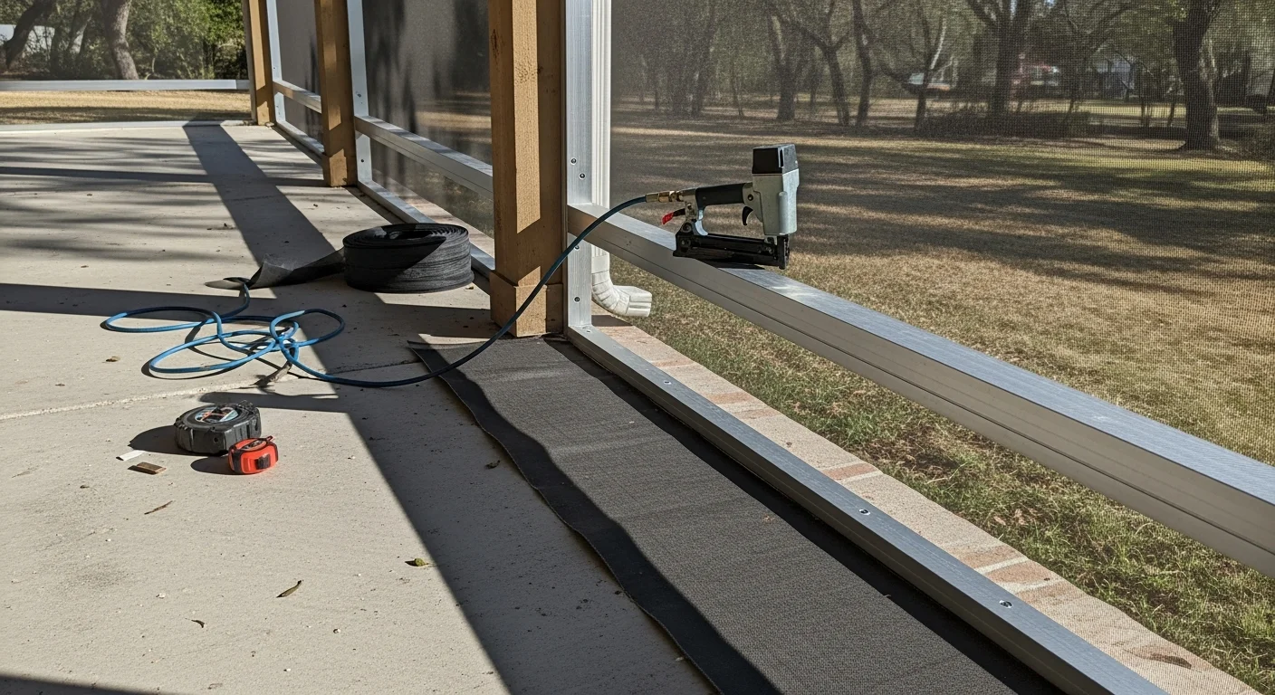 Replaced patio screen enclosure on a covered backyard patio in Live Oak, TX, showing tight new screen panels and clean aluminum framing. The enclosed space is open to the yard view with no visible tears, gaps, or frame damage.
