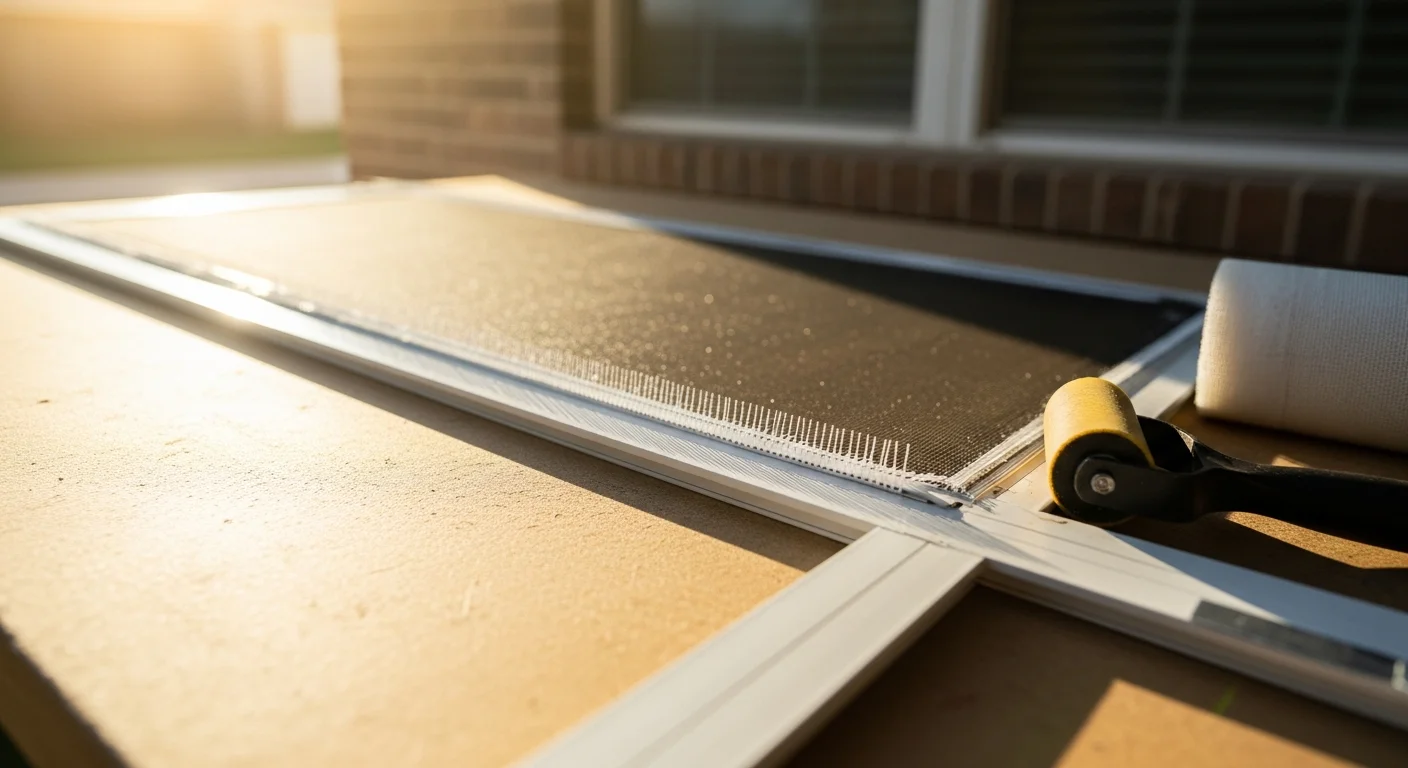 A repaired solar screen reinstalled on a sun-facing window of a single-family home in Live Oak, TX. The mesh sits taut in the frame with no visible tears, sagging, or gaps along the spline channel.