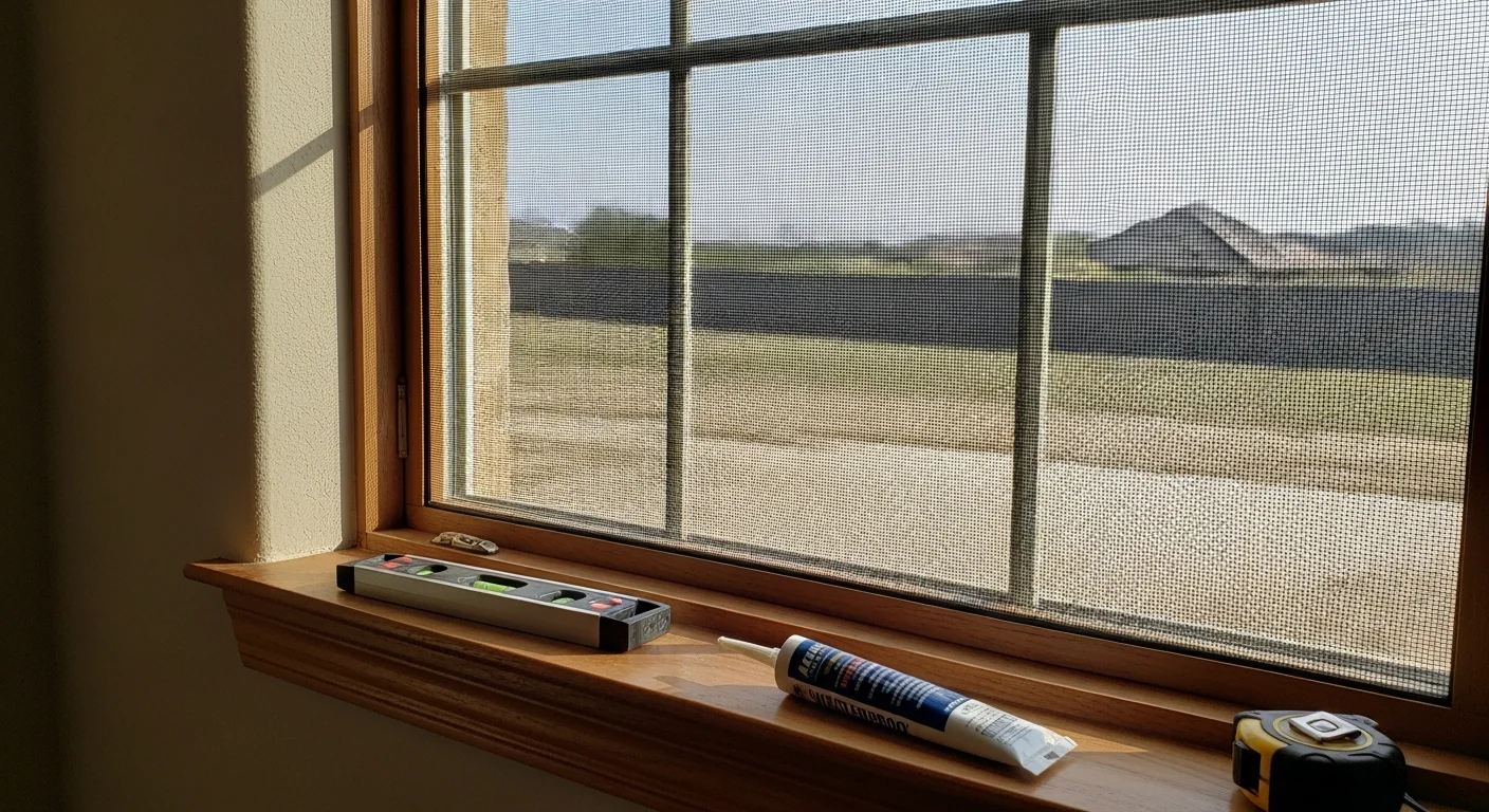 A professionally installed window insect screen fitted flush to a residential window frame on a single-family home in Live Oak, TX. The screen mesh is taut with no visible gaps at the corners or edges.