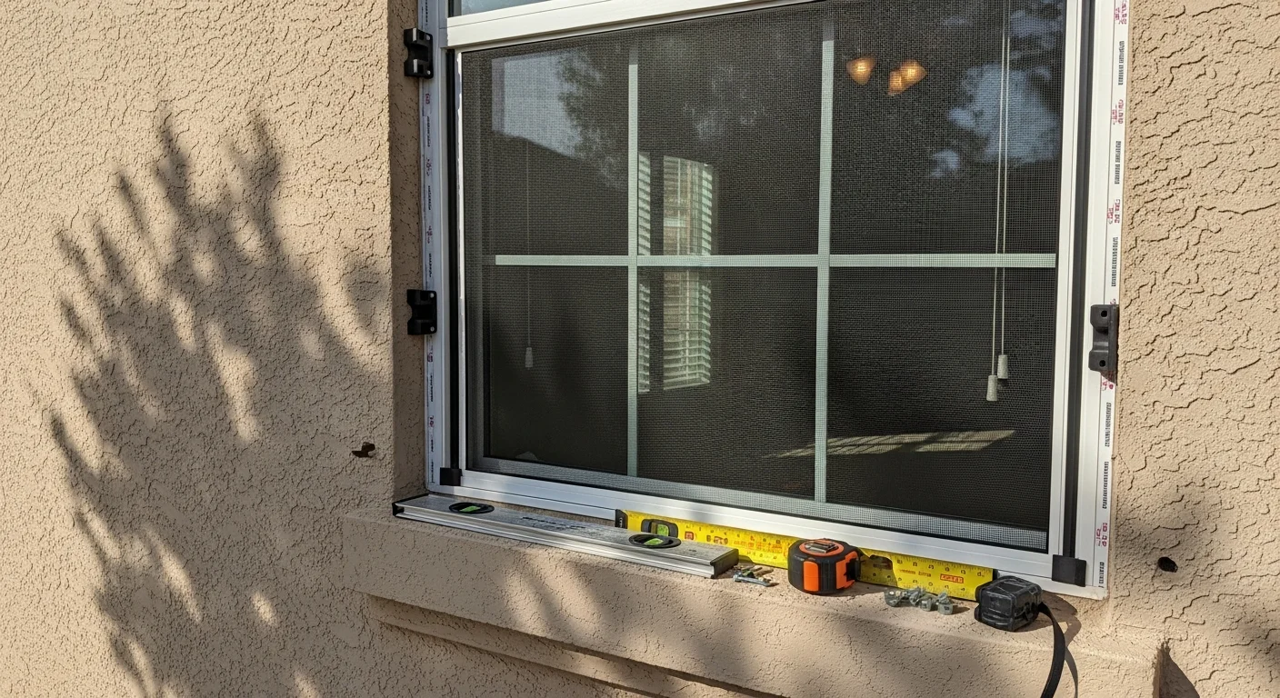 Exterior view of a single-story Live Oak, TX home with custom-fitted dark mesh solar screens installed across multiple windows. Close-up shows the screen frame seated flush against the window trim on a sun-exposed south-facing wall.